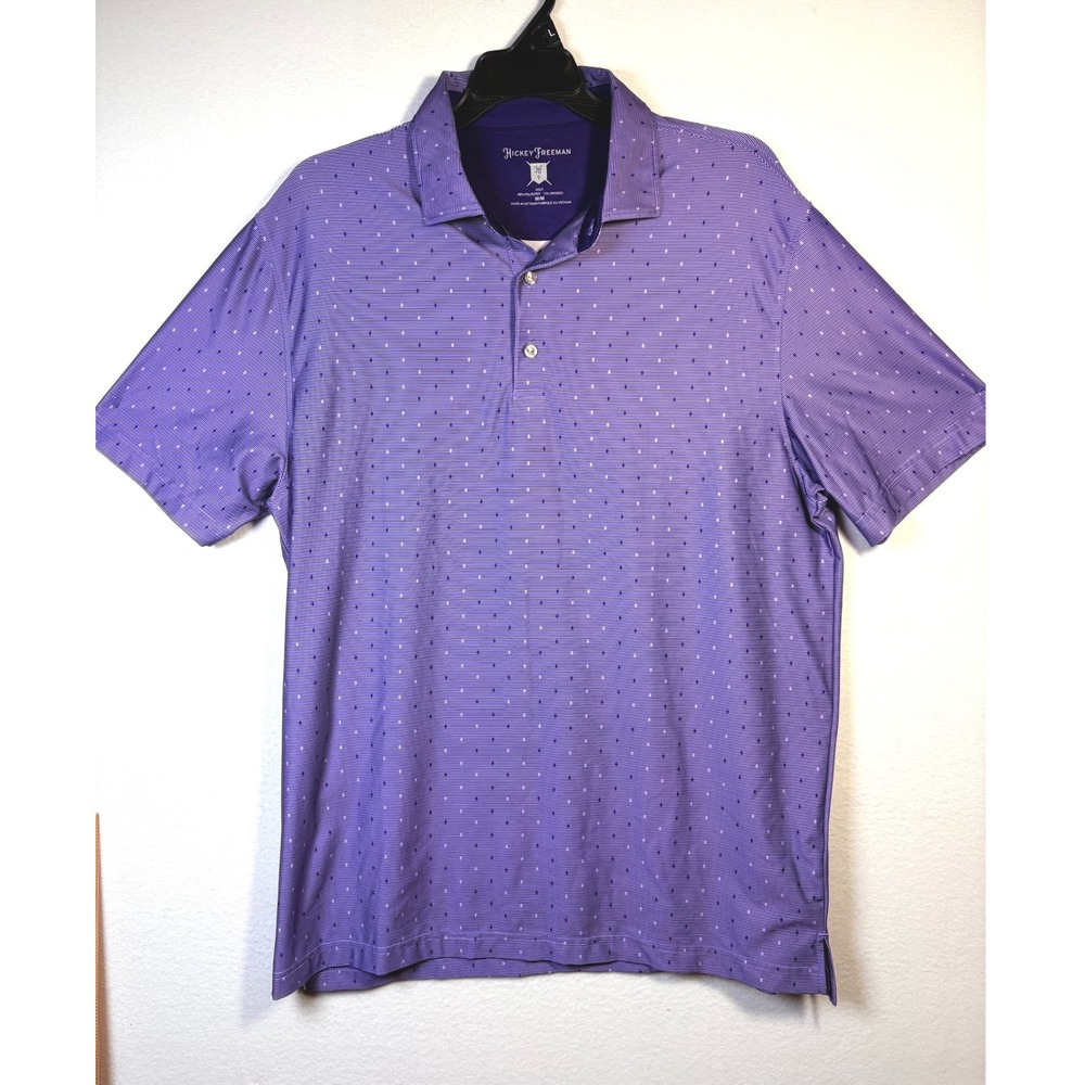 Hickey Freeman Polo Shirt Mens Medium Purple Excellent Golf Geometric Striped